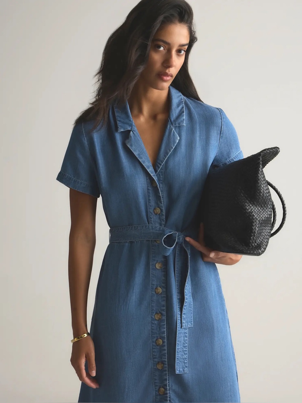 Quince Blue Button-Front Denim Midi Dress with Tie Waist - Picture 6 of 12